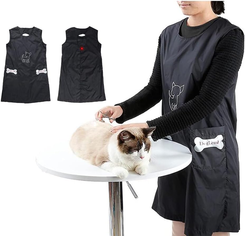 DogLemiSleeveless Pet Grooming Apron, Waterproof Anti-Stick Dog Cat Grooming Bathing Nylon Pet Shop Workwear with 2 Pockets Black (XL)…