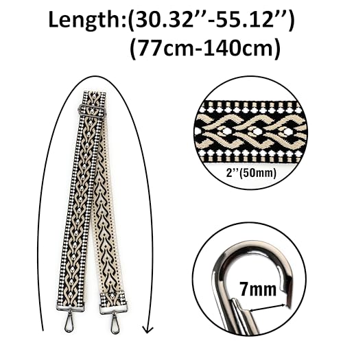 Purse Strap Replacement Crossbody 2 Inch Wide Black Khaki Ethnic Jacquard Weave with Gunmetal Hooks Adjustable Shoulder Strap Guitar Style3