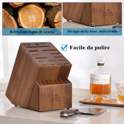ENOKING Porta Coltelli Cucina, 25 Slot Portacoltelli da Cucina in Acacia per Bancone della Cucina, Ceppo Coltelli Vuoto di alta Qualità per Coltelli e Cesoie per Pollame/Acciaio per Affilare - immagine 5