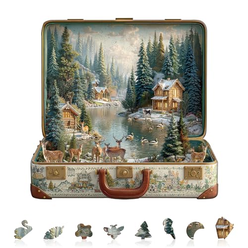 Blumuze Wooden Puzzle, Suitcase scenery-Nordic forest Wooden Jigsaw Puzzles For Adults, Unique Shaped Animal Wood Puzzles For Adults Kids With Wood Gift Box 100pcs-S-21.5 * 20.7cm