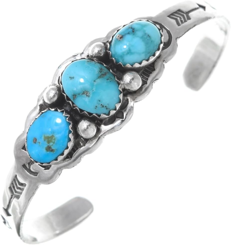 Alltribes Native American Blue Turquoise Baby Bracelet Childrens Three Stone Sterling Cuff 1141