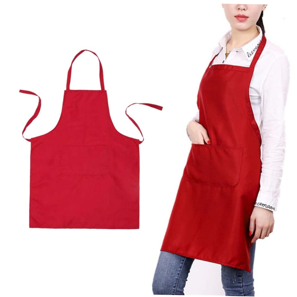 BESTonZON 6piezas Delantal De Cocina Rojo Diseño Sin Mangas y Cuello Para Restaurantes y Hogar Bolsillo Amplio Para Almacenaje