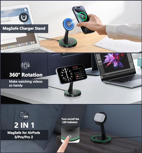 Magnetic Wireless Charger Stand 15W Fast Charger for iPhone17/16/15/15 Pro/15 Plus/15 Pro Max/14/13/12 Series Magnet Wireless Charging Station/Pad with Sleep-Friendly Light for AirPods 3/Pro/Pro 2