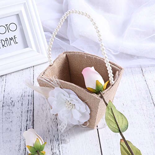 Ultnice Wedding Flower Girl Basket With White Pearl Ribbon Flower #TOP1