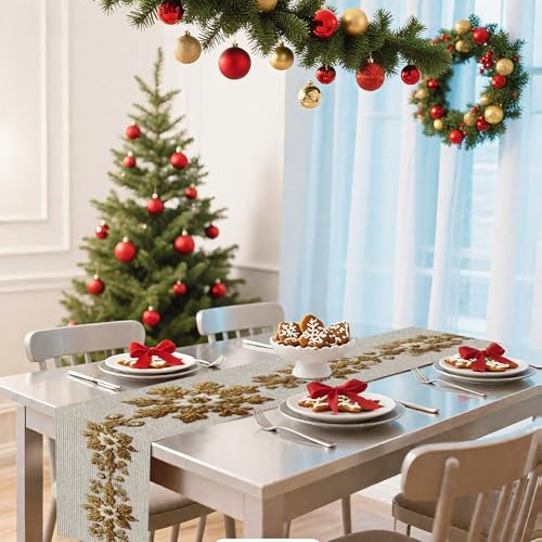 Image of Nuxovilar Gold Snowflake Table Runner Flax 13x72 in