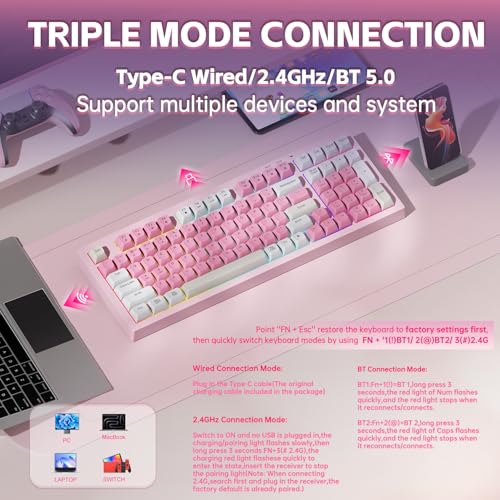 Image of LEOBOG x Aula Pink Keyboard, Wireless Gaming Keyboard Silent Computer Keyboards Creamy Color Membrane Keyboard with Number Pad Cute Quiet RGB Backlit Tri-Mode BT /2.4GHz /USB-C