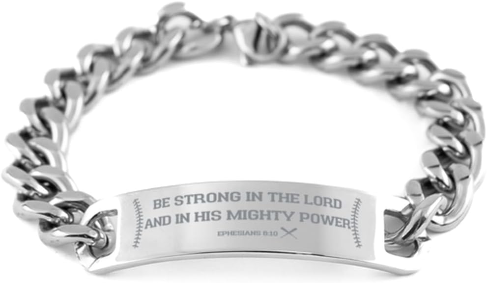 Ephesians 6:10, Be Strong In The Lord, Baseball Bracelet For Boys, Cuban Chain Stainless Steel Bracelet, Inspirational Bible Verse, Baseball Sports Jewelry,Motivational Baseball, Inspirational Qu