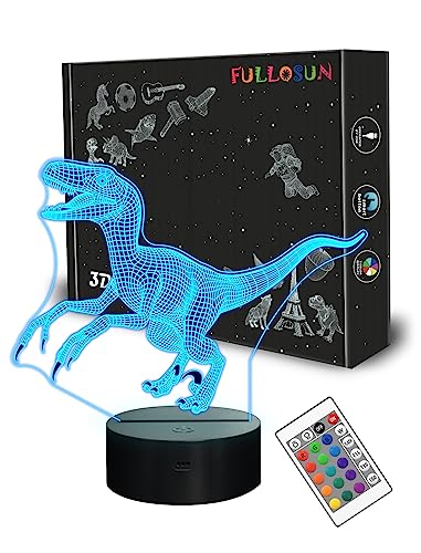 FULLOSUN Dinosaur 3D Night Light, Jurassic Velociraptor Blue Lamp for Kids' Room Xmas Birthday Gifts with 16 Color Changing & Remote