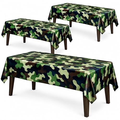 AnapoliZ Army Plastic Tablecloth | 3 Pcs Pack (54 Inch Wide x 102 Inch Long) | Rectangular Camouflage Table Cover | Military Party Table Decorations | Camo Party Plastic Table Cover
