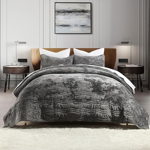 Image of Velvet Quilt Set, Grey Velvet Quilt Queen Size Comforter Set, Luxury Bedding Soft Plush Bedspread, Machine Washable Coverlet,All-Season 3 Pieces
