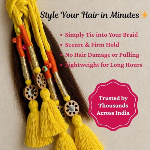 Image of Zippy Flora Neelima Parandi (Yellow) | Traditional Boho Handmade Paranda Hair Accessory with Braid Tassels | Women's Ethnic Hair Extension for Choti, Braids & Patiala Shahi Hairstyles