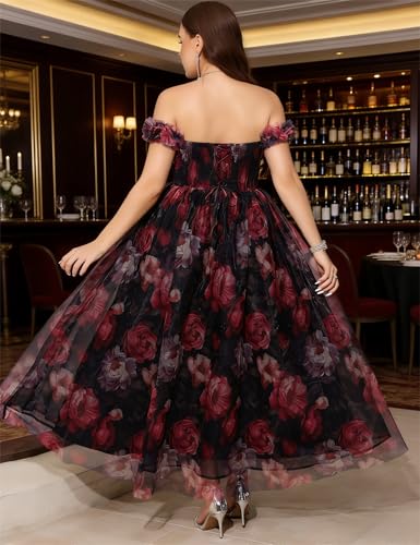 Image of EYWOL Plus Size Formal Wedding Guest Cocktail Party Floral Dress with Slit | Plus Size,Floral,Tulle,Midi,Sweetheart,Off Shoulder,A Line,Gown,Wedding Guest,Cocktail,Prom,Strapless,Formal,Party,Evening