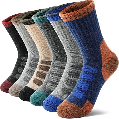 MOSEY KOSY 6 Pairs Kids Merino Wool Walking Hiking Socks Boys Girls Toddlers Winter Thermal Thick Warm Cushion Crew Boot Socks(Dark Checkered 8-12 Years)
