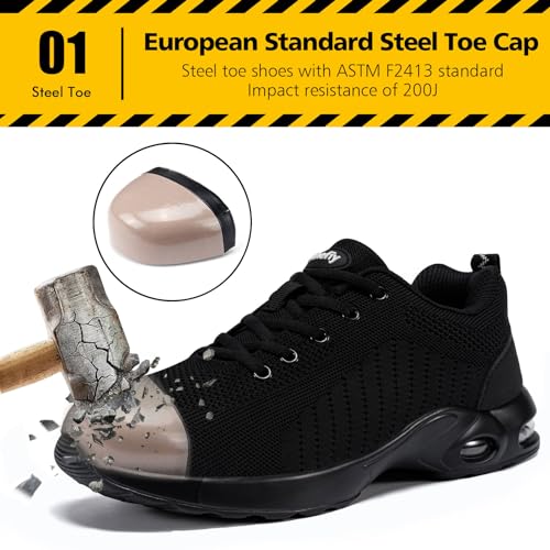 Image of Tinefiy Steel Toe Shoes for Women Lightweight Safety Shoes Air Cushion Comfortable Slip Resistant Indestructible Womens Puncture Proof Work Shoe