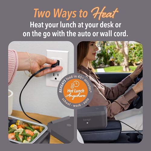 Bentgo Heat - Electric Lunch Box - Portable Food Warmer for Adults, Heated Lunch Box for Work, Travel, School & On the Go, Plug Into Wall or Car, Ideal for Ages 14+, 12V/24V & 120V Cords (Obsidian)