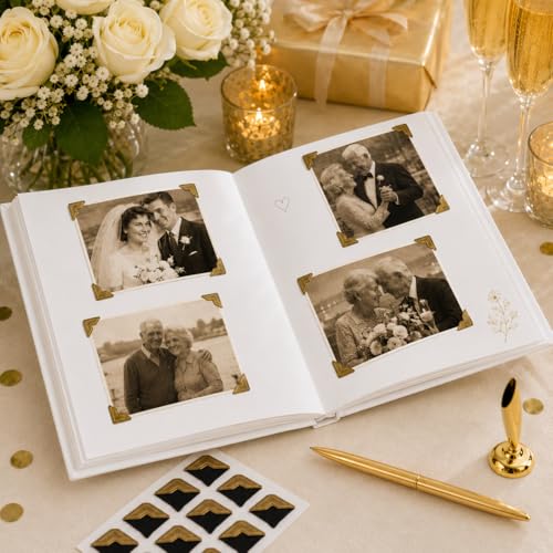 Image of Calculs 60th Birthday or Anniversary Guest Book, Gold Photo Album | 8.5-inch square hardcover keepsake book, 32 blank sheets for messages and instant photos, pen included