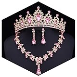 Feltent Pink Tiaras and Crowns Jewelry Set for Women Tiaras Earrings and Necklace for Wedding Rhinestone Crystal Bridal Jewelry Sets for Costume Birthday Party Prom Gifts