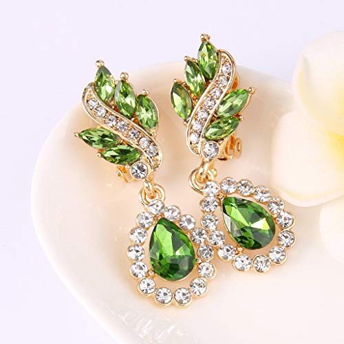 Elequeen Women's Austrian Crystal Art Deco Tear Drop Dangle Earrings Clip-On Gold-Tone Apple Green #TOP3