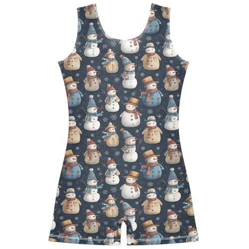 Aflyko Christmas Little Girl Gymnastics Leotard with Shorts Xmas Snowmen Winter One-Piece Activewear Soft Stretchy Tank Tops Fun Fashion Dance Outfit 7-8T