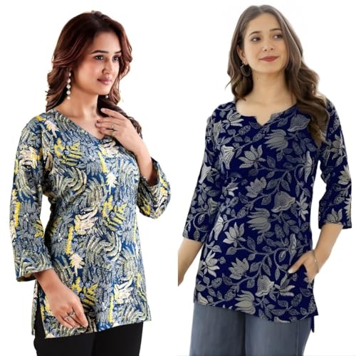 Image of Women's Cotton Printed Short Kurti, Round Neck, Three Quarter Sleeve, Straight Fit, Pack of 2