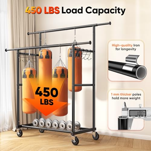 HOKEEPER Clothes Rack Heavy Duty Clothing Rack 450LBS Garment Rack with Wheels Double Rod Clothes Rack for Hanging Clothes Portable Closet Rack with Shelves, Black 22.5" D x 65" W x 66" H