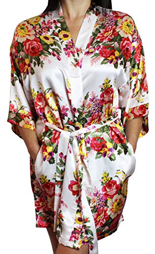 Women's Satin Floral Kimono Short Bridesmaid Robe W/Pockets - White M/L