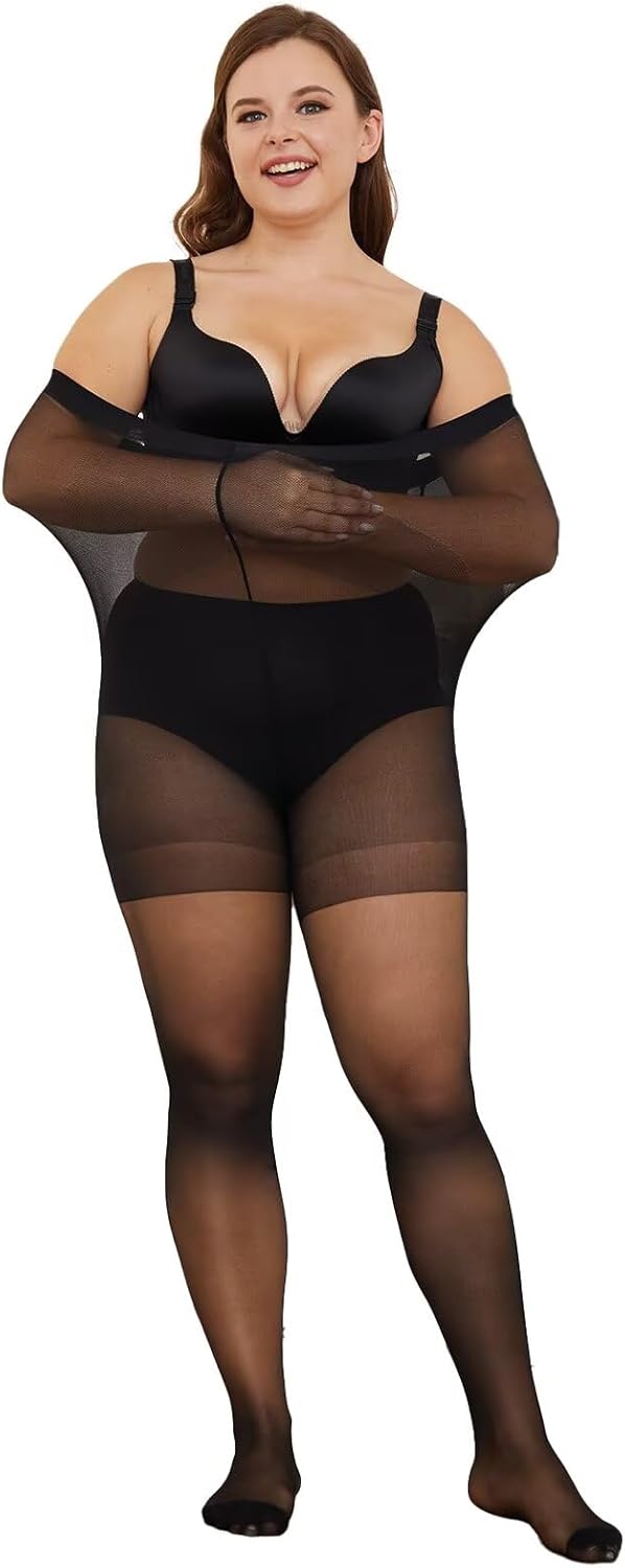 YAGAXI Plus Size Tights for Women, 20D Black High Waist Ultra Thin Pantyhose, Women's Sheer Tights with Control Top, 3 Pairs - Image 2
