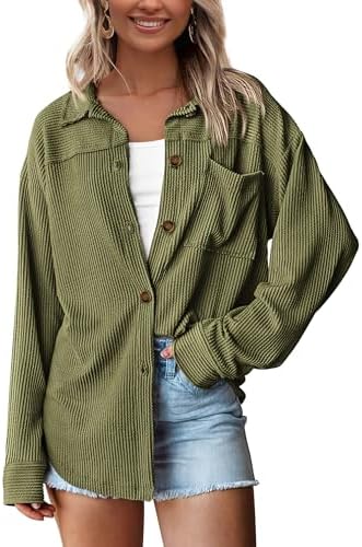 PRETTYGARDEN Women's Button Down Shirts 2025 Fall Long Sleeve Textured Stripe Tops Oversized Shacket Jacket Knit Blouses