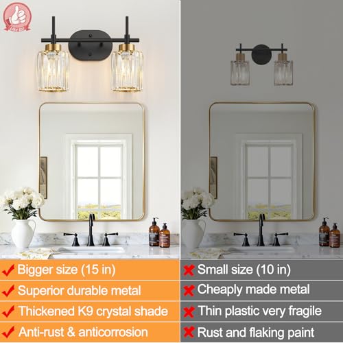 Image of Modern Crystal Bathroom Vanity Light Fixtures, 2-Light Black and Gold Bathroom Wall Sconce Lighting for Over Mirror, Clear K9 Crystal Shades, E26 Base, Bulbs Not Included