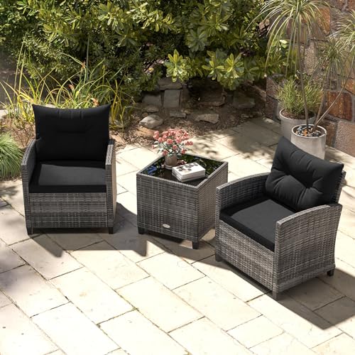 ORALNER Patio Furniture, 3 Pieces Outdoor Wicker Conversation Set Chairs with Soft Cushions and Glass Coffee Table, Rattan Bistro Set for Balcony Garden Deck Front Porch Poolside (Black) - Image 7