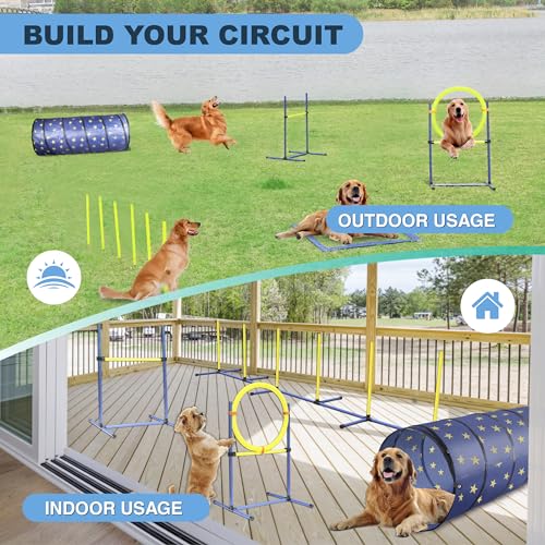 Dog Agility Training Equipment Set, Outdoor&Indoor, Deluxe Obstacle Course Starter Kit w/Tunnel, Adjustable Hurdle, Jumping Ring, 6 Weave Poles, Pause Box, Carry Bag Dog Agility Training Equipment Set, Outdoor&Indoor, Deluxe Obstacle Course Starter Kit w/Tunnel, Adjustable Hurdle, Jumping Ring, 6 Weave Poles, Pause Box, Carry Bag