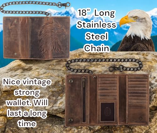 Image of F&L CLASSIC RFID Blocking Mens Tri-fold Long Style Cowhide Leather Steel Chain Wallet,brown eagle head,212-102