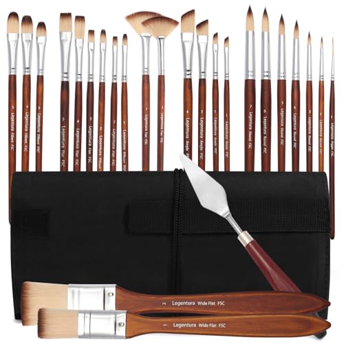 Legentura 25 PCS Paint Brush Set for Acrylic, Oil & Watercolor, Artist Brush Kit with Flat, Filbert, Fan, Round, Liner, Dagger & Angle Brushes, Synthetic Bristles, Roll-Up Case