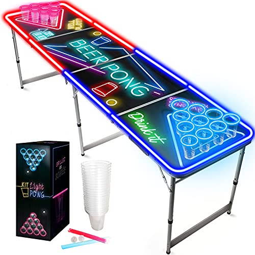 Beer Pong® - Table Lumineuse avec Néons Rouges et Bleus + 22 Cups + 24 Sticks + 2 Balles Fluo - Table Pliable, Transportable, Anti-Rayures - Jeu de Biere Pong