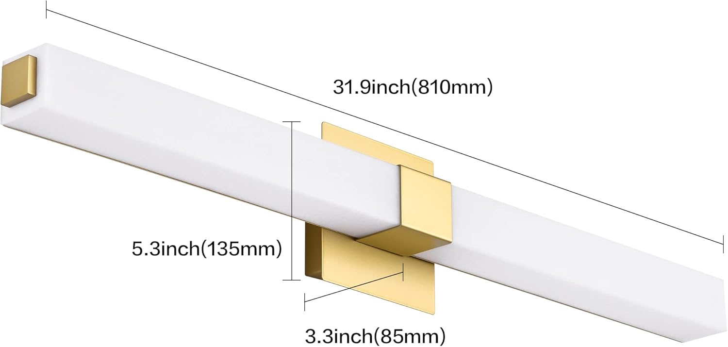 ZUZITO 32in Gold Bathroom Light Fixtures Modern LED Vanity Lights Bar 22W Acrylic Bath Wall Lighting Bright White 6000K