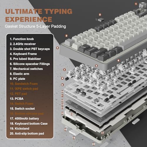 Image of YUNZII B75 PRO Wireless Mechanical Keyboard,75% Layout with Knob,Hot Swap Gasket Custom Structure,Creamy Pre-lubed Switches,RGB Backlit,Bluetooth /Type-C /2.4G for Win /Mac(Milk Switch,Grey)