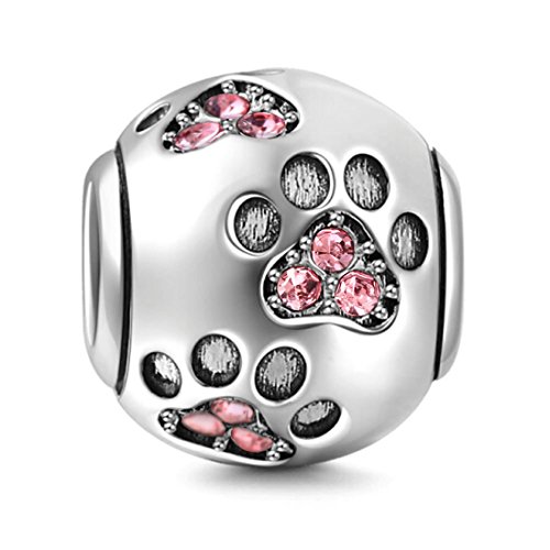 925 Sterling Silver Dog Charm Paw Charm Pet Charm Animal Charm Anniversary Charm Christmas Charm for Pandora Charms Bracelet (Pink)