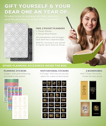 Image of TinyChange Undated Classic Life Planner | A5 Size Diary+ 2 Pocket & Meal Planners | Achieve Goals | Gratitude Journal; Habit Tacker| 100+ Activities & Reminders | 400 Stickers| Green Cover