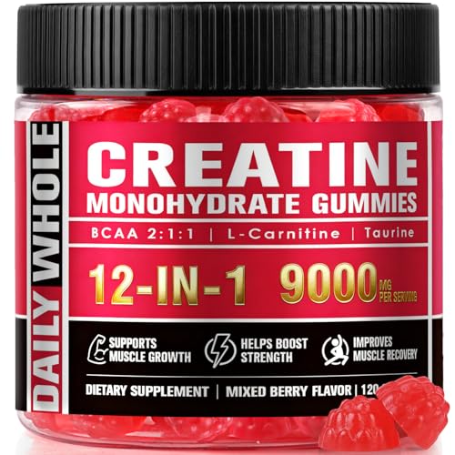 Image of 12 IN 1 Creatine Monohydrate Gummies Complex 9000mg for Women and Men to Support Muscle, Creatina gummy with L-Carnitine, B12, BCAA 2:1:1, Sugar Free, Non-GMO & Vegan, 120 Gummies, Mixed Berry Flavor