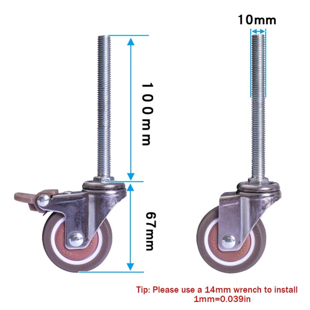 Ruote girevoli per mobili da 2" Ruote girevoli in Gomma TPE con Freni Carico Massimo Silenzioso 120 kg/264 libbre Asta di Montaggio filettata Altezza 100 mm con Dadi e Chiavi, con