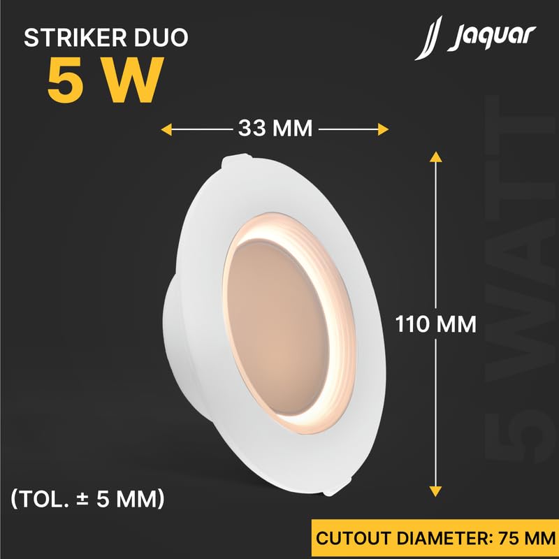 Image of Jaquar 5W Striker Duo 3-in-1 Modes LED Downlight (CW+WW) with Ring Ambient Light | 3 Mood Lighting Modes | Fits Standard Deep Junction Box | Home & Offices | Cutout 75mm | 2-Year Warranty | Pack of 2