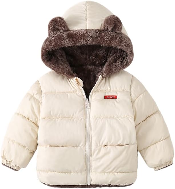 Meufam Toddler Kids Winter Zipper Coat Boys Girls Jacket Hooded Fleece Thicken Warm Outerwear Ear Puffer Jacket With Pockets