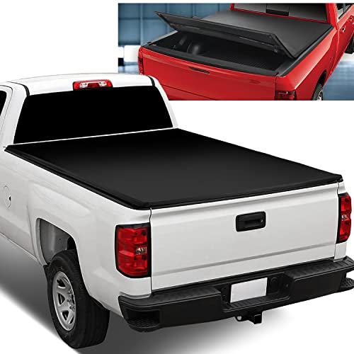 Vinyl Soft Top Tri-Fold Adjustable Truck Tonneau Cover Compatible with Chevy Silverado GMC Sierra 1500 2500HD 3500HD 8Ft Fleetside Long Bed 14-18, Matte Black