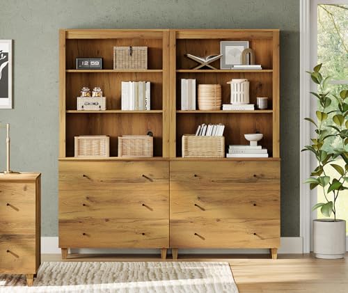 Image of WAMPAT 71 inch Tall Bookcase with 6 Drawers & Open Shelves, 2 Column Modern 3-Tier Bookshelf with Adjustable Shelf, 71 inch Wide Wooden Display Book Shelf for Home Office, Living Room, Bedroom, Oak Brown