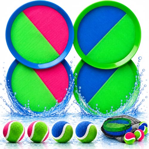 Klettballspiel Klettball Strandspielzeug-Wurfspiel Outdoor-Spiele für Kinder und Erwachsene gartenspielzeug Kinder Sommer-Pool-Fangspielzeug Fangballspiel mit 4 Fangscheiben 4 Bälle