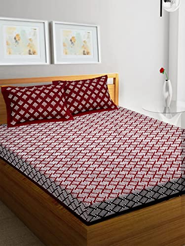 Image of RajasthaniKart Comfort Rajasthani Jaipuri Traditional Sanganeri Print 144 TC Cotton Double Size Bedsheet with 2 Pillow Covers (Double, Maroon)