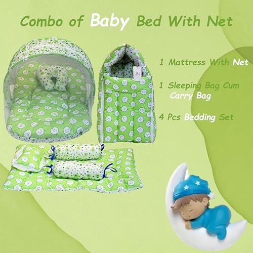 Image of Fareto Combo of Baby Bed with Net | Carry Bag | 4 Pcs Bedding Set (0-6 Months, Baby Size, Cotton) (Green Sheep)