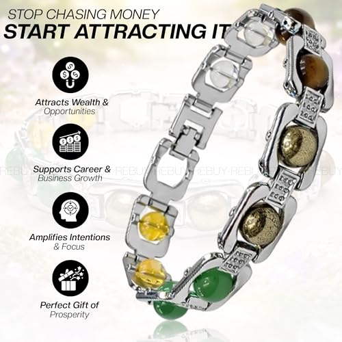 Image of REBUY Dhan Yog Bracelet for Men & Women | Certificate of Authenticity Natural Crystal Pyrite, Clear Quartz, Citrine Aventurine, Green Jade, Tiger Eye Stone Attracts Wealth & Money Magnet Bracelet