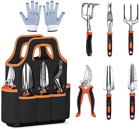 Garden Tool Set, 8 PCS Stainless Steel Heavy Duty Gardening Tool Set with Non-Slip Rubber Grip, Storage Tote Bag, Outdoor Hand Tools, Pruning Shears Set, Gardening Tool Kit Gifts for Women and Men