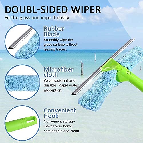 Image of 2 in 1 Double-Sided Glass Cleaner Wiper with Extendable Long Handle, Window Cleaning Mop with Microfiber Cloth & Rubber Blade for Mirror, Shower Glass, Kitchen & Solar Panel Cleaning